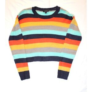 Timing Womens Colorblock Bright Rainbow Striped Short Length Sweater - Medium